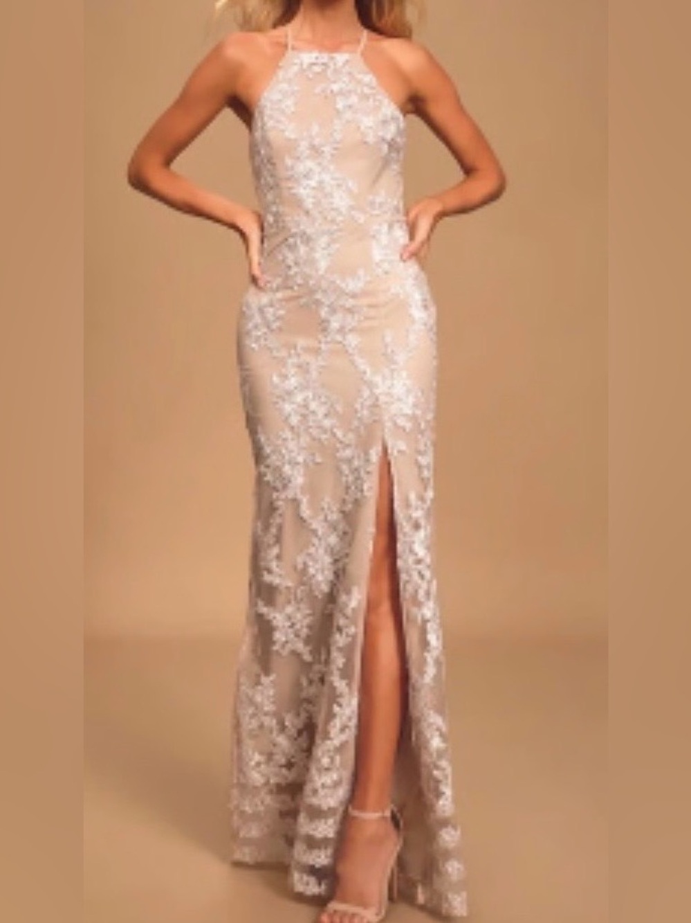 Lulu's Taupe Maxi Dress with Ivory Lace Appliqué
